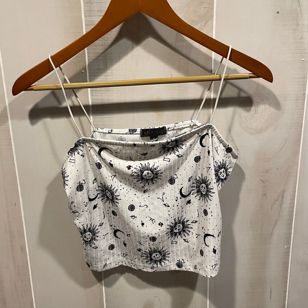 Cute celestial ribbed square neck crop top skinny strap stretch - Picture 7 of 7